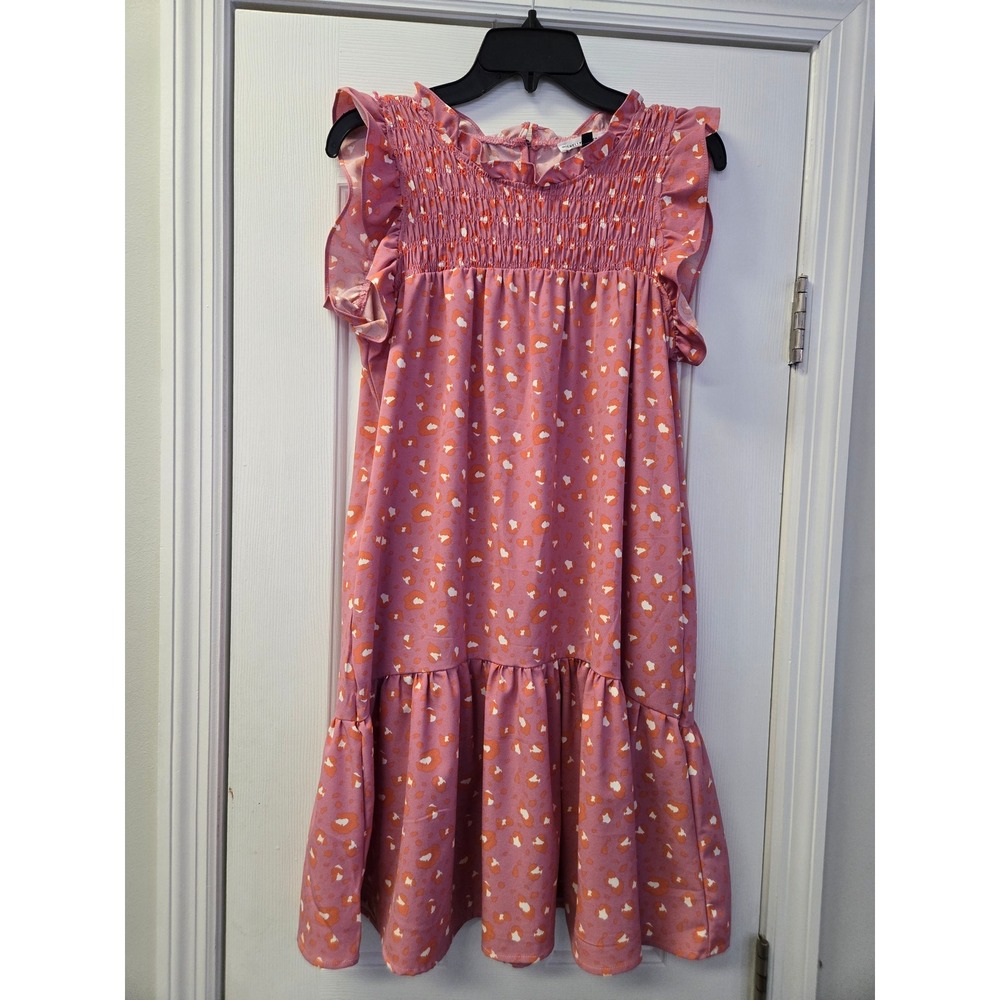 Michelle McDowell Pink Leopard Smocked Ruffle Tiered Dress Small Pocket Babydoll